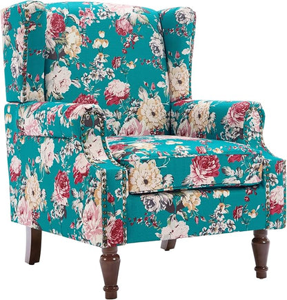 UIXE High Back Floral Accent Chair, Upholstered Armchair in Fabric, Retro Printed Wingback Arm Chair for Living Room, Nailhead Trim Single Sofa Bedroom Reading Seat - Peacock Blue