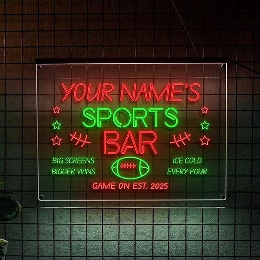 Personalized Sports Bar Neon Sign LED Wall Light Up Football Bar Decor for Home Pub Game Room Man Cave Big Screen Night Custom Name Sign Beer Lovers and Sports Fans