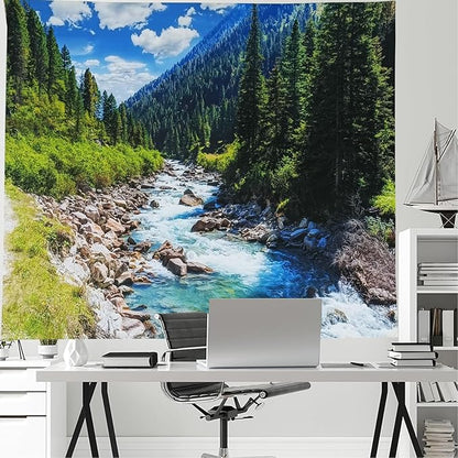 Nature Forest Mountain Tapestry Green Pine Tree Stream Tapestry White Clouds Flowing River Valley Landscape Scenery Tapestries Wall Hanging for Bedroom Dorm Living Room Office Classroom 47 x 35 Inch