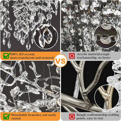 14-Light Modern Living Room Crystal Chandeliers,48" Round Silver Tree Branche Chandelier,Silver K9 Crystal Chandeliers for Dining Room,High Ceiling,Entryway、Foyer