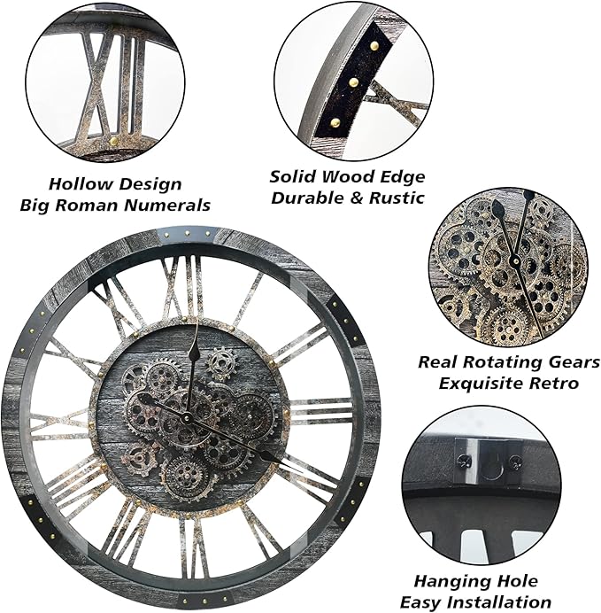 DORBOKER 36" Extra Large Wall Clock with Moving Gears, Oversized Giant Industrial Steampunk Rustic Clocks for Wall Decor Living Room Home Office, Solid Wood Retro Metal,Carbon Grey