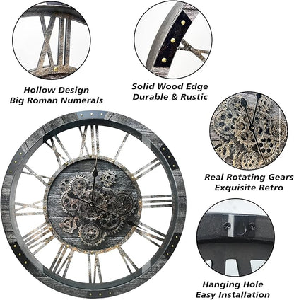 DORBOKER 36" Extra Large Wall Clock with Moving Gears, Oversized Giant Industrial Steampunk Rustic Clocks for Wall Decor Living Room Home Office, Solid Wood Retro Metal,Carbon Grey