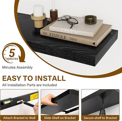 72 Inch Floating Shelves for Wall, 8 Inch Deep Floating Shelf, Large Shelves with Invisible Bracket for Books|Storage, Rustic Wood Wall Shelf for Bedroom, Kitchen, Living Room, Black