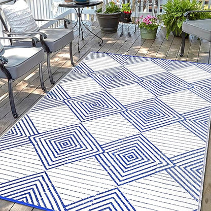 Waterproof Outdoor Rug 6x9ft, Foldable Reversible Plastic Straw Mat for Patio RV Deck Porch Backyard Balcony Camping Picnic Beach Indoor Outdoor Carpet, Blue&White