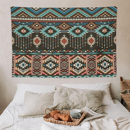 HZOHNAGO Aztec Tapestry Turquoise Blue and Brown and Native American Tribal Pattern Printed Wall Tapestry Wall Hanging for Bedroom Living Room Dorm 90" W x 60" H