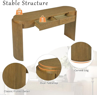 55" Sofa Table with Oval Top and 2 Drawers, Entryway Console Table with Fluted Design for Hallway,Foyer,Entry and Living Room (Fully Assembled-Pine Wood)