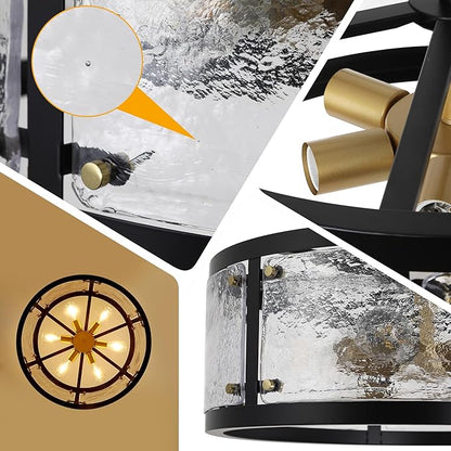 23.6" Large Farmhouse Drum Black Chandelier, 6-Light Vintage Round Glass Chandeliers for Dining Room, Industrial Light Fixture for Kitchen Living Room Stairwell, Clear Waterglass Drum Shade