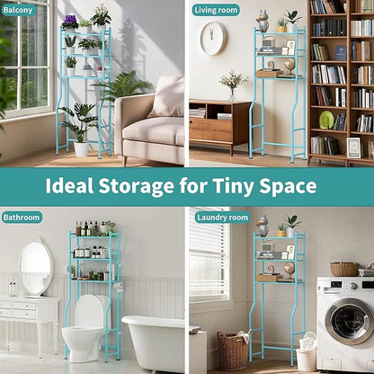 3-Tier Over The Toilet Storage with Paper Holder, Metal Bathroom Organizers and Storage for Small Space, Freestanding Bathroom Shelves with 4 Hooks, Above The Toilet Storage Shelf, Blue