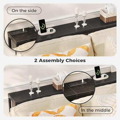 SUPERJARE Console Table with Outlet, 63 Inch Sofa Table with Charging Station, Narrow Entryway Table, Skinny Hallway Table, Behind Couch Table, for Living Room, Plants, Black