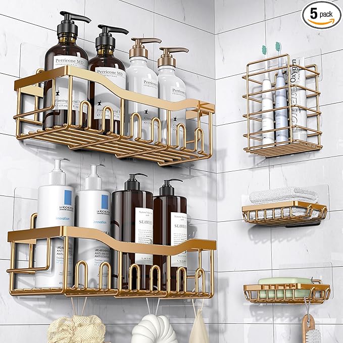 5-Pack Rustproof Stainless Steel Shower Caddy – No Drill Adhesive Bathroom Organizer with Large Capacity, Spacious Shower Shelves for Inside Shower, Kitchen & Home Decor Storage-XL Size