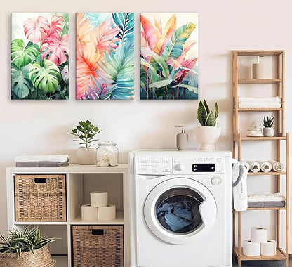 3pcs Framed Tropical Botanical Canvas Wall Art Monstera Leaves Posters Botanical Prints Bohemian style Wall Decor Pictures Palm Leaves Paintings for Bathroom living room Decoration