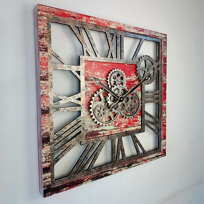 The Gears Clock 24'' Inch Square Real Moving Gear Wall Clock Vintage Industrial Oversized Rustic Farmhouse (Red Lava)
