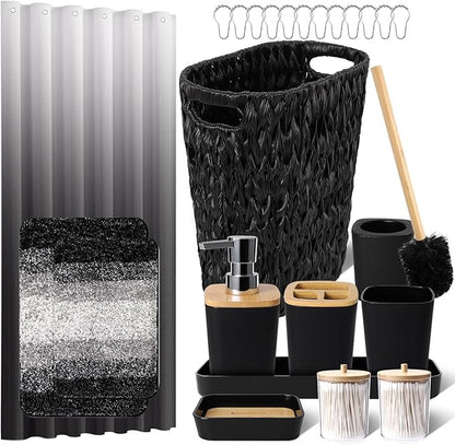 Black Bathroom Accessories Set with Wicker Trash Can Shower Curtain and Rugs,Bathroom Sets Small Waste Basket Bathroom Trash Can for Bedroom Bathroom
