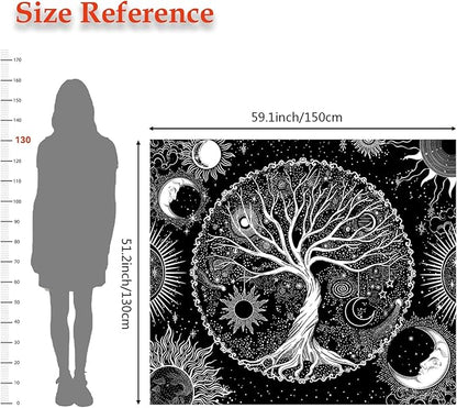 AACKart Tree of Life Tapestry for Bedroom Aesthetic Room Decor-Black and White Spiritual Tree Tapestry Wall Hanging with Sun Moon Star 59.1 x 51.2 inches