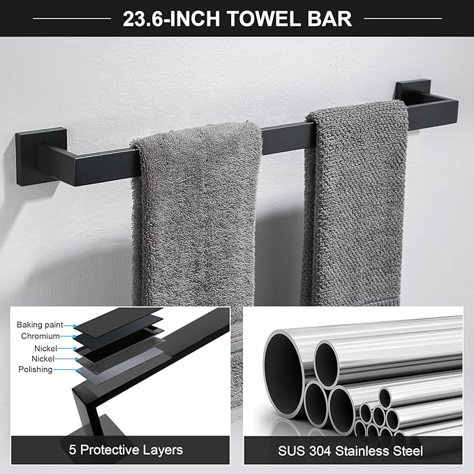 TQKAG 6-Piece Bathroom Towel Bar Sets Matte Black 23.6 inch Towel Bar Stainless Steel Towel Ring Coat Hook and Toilet Paper Holder Bathroom Hardware Set Wall Mounted Bathroom Accessories Kit