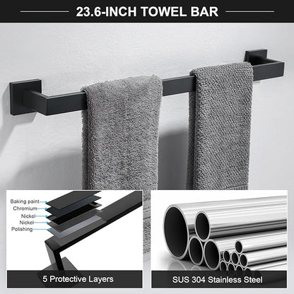 TQKAG 6-Piece Bathroom Towel Bar Sets Matte Black 23.6 inch Towel Bar Stainless Steel Towel Ring Coat Hook and Toilet Paper Holder Bathroom Hardware Set Wall Mounted Bathroom Accessories Kit
