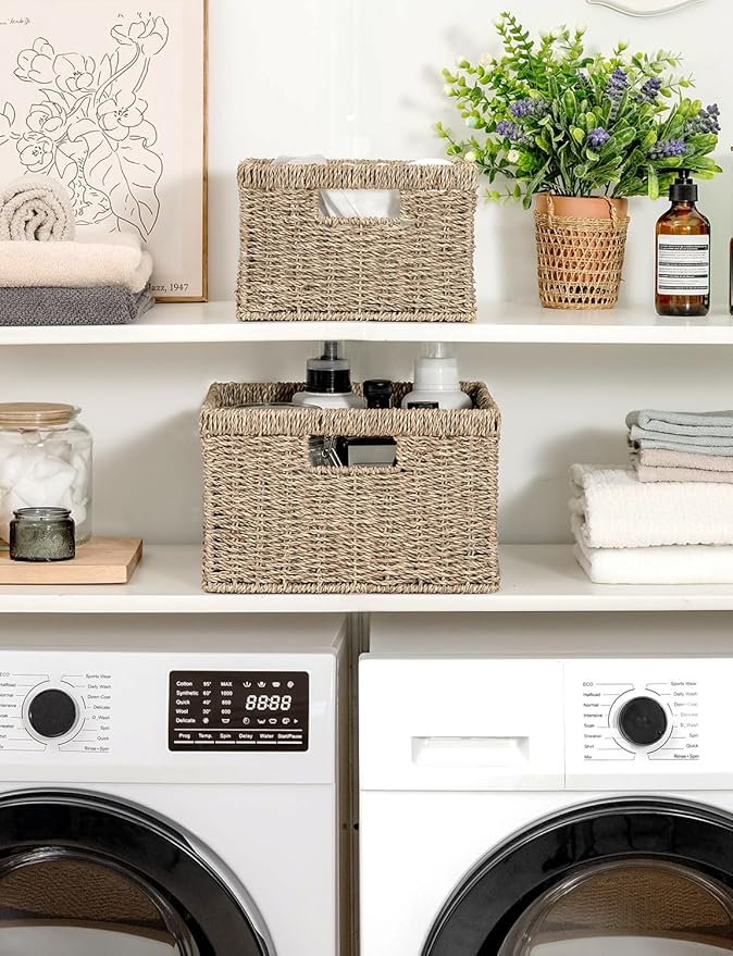 StorageWorks Wicker Storage Baskets, Large and Small Baskets, Handwoven Seagrass Basket for Organizing, Decorative Wicker Baskets with Built-in Handles, Set of 2