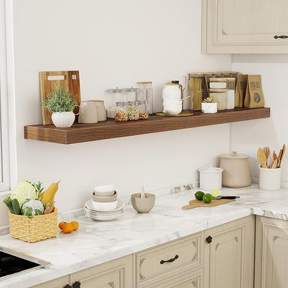 72 Inch Floating Shelves, 12" Deep Floating Shelf Wall Mounted, 72" Wall Shelves, Rustic Deep Bookshelf, Extra Deeper & Thicker Display Shelves for Bedroom, Living Room, Walnut, Set of 1