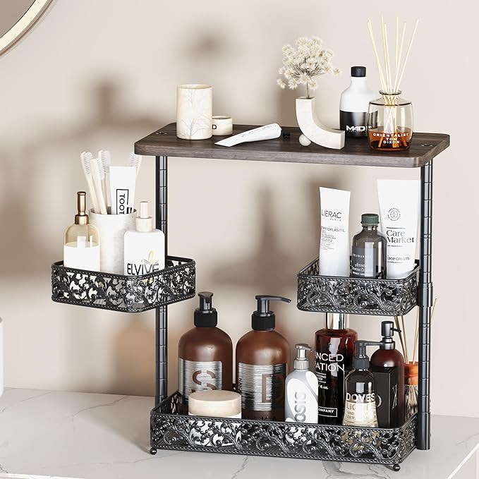 3 Tier Storage Organizer Countertop,Bathroom Sink Organizer Countertop with Two Rotating 360° Metal Baskets for Bathroom Kitchen Dresser Bedroom Office Spice Rack Perfume Toiletries Makeup (Black)