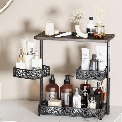 3 Tier Storage Organizer Countertop,Bathroom Sink Organizer Countertop with Two Rotating 360° Metal Baskets for Bathroom Kitchen Dresser Bedroom Office Spice Rack Perfume Toiletries Makeup (Black)