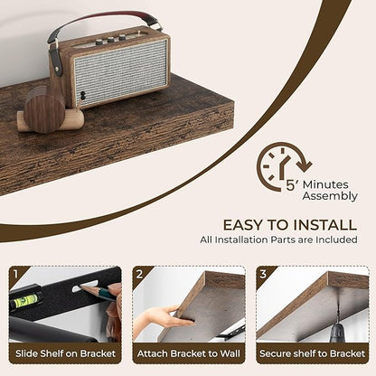 RICHFOCUS 55Inch Floating Shelves for Wall 1 Pack Shelves for Bedroom|Kitchen|Bathroom Wall Mounted Rustic Wood Floating Shelf with Invisible Brackets for Books|Storage|Decor, Rustic Brown