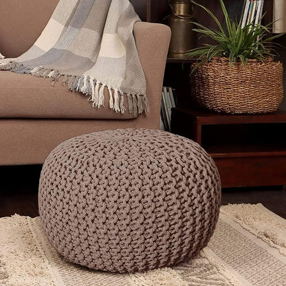 REDEARTH Round Pouf Foot Stool Bean Bag Ottoman - Hand Knitted Boho Pouffe - Home Decor Poof - Stuffed Foot Rest for Living Room - Nursery - Bedroom - Patio (19.5"x19.5"x14") - Taupe