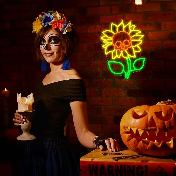 Sunflower Skull Neon Sign Wall Decor USB Powered Skeleton Head Halloween Neon Light Sign Dimmable Funny Halloween Day LED Sign for Trick or Treat Party Backdrop Bedroom Bar Man Cave