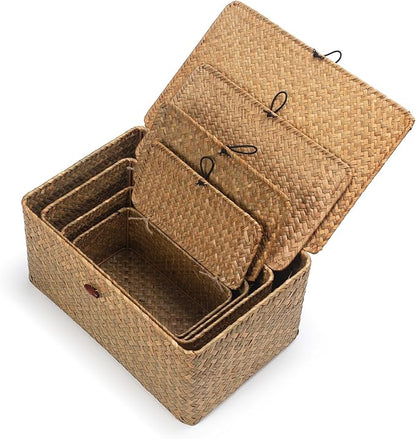 Wicker Basket with Lid, Seagrass Storage Basket, Woven Baskets for Storage, Decorative Storage Baskets for Shelf Organizing, Natural