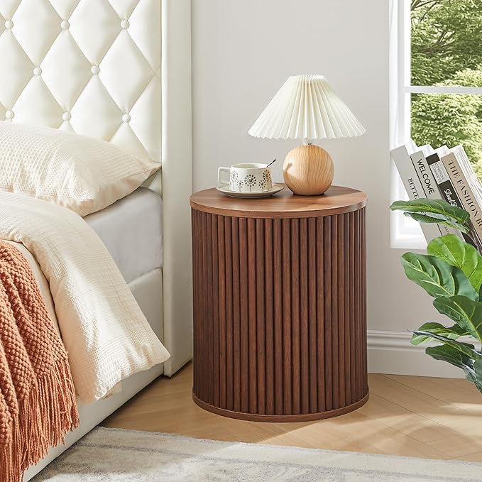 AVZEAR Small Round Side Table Fluted Night Stand Set of 2, Mid Century Modern End Table with Storage, Circle Bedside Tables Wood Nightstands for Small Spaces, Living Room, Bedroom (Walnut)