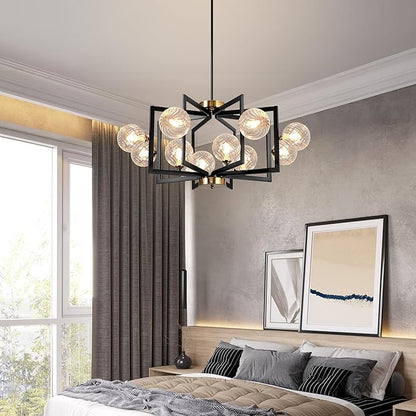 12 Light Black Farmhouse Chandelier Geometric Metal Dining Room Light Fixture Height Adjustable Black Chandeliers for Dining Room Clear Glass Farmhouse Industrial Pendant Lights for Bedroom, Entryway