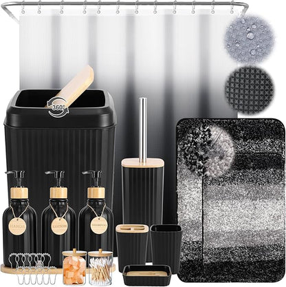 32PCS Bathroom Sets with Shower Curtain and Rugs,Bathroom Set Black Bathroom Accessories Black Shower Curtain Set with Bathroom Trash Can