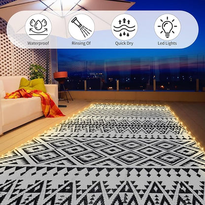 8x10ft Waterproof Outdoor Rug with LED Lights, Bohemia Reversible Plastic Straw Mat for Patio RV Camping Picnic Balcony Beach Deck Indoor Outdoor Carpet, Black&White