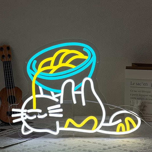 Ramen Cat Neon Sign for Wall Decor Cat Neon Light Ramen Neon Signs Colorful LED Neon Light Cat Noodle LED Neon Sign for Bedroom Kids Room Restaurant Kitchen Pet Store Deocration