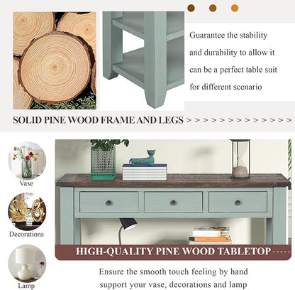 Solid Wood Console Table Sofa Table with Storage Drawers and Bottom Shelf Entryway Table for Entry Hallway Foyer Sofa Couch Table,Fully Assembled (48.8" Green)