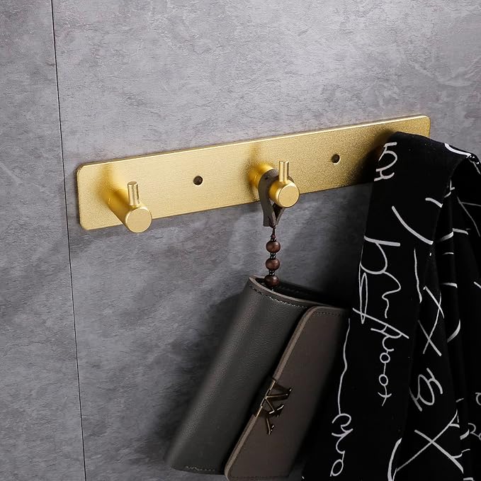3 Gold Wall Hooks, Brushed Gold Bathroom Hook Rail, Self Adhesive Key Hook Rack Hanger Towel Robe Stick Hooks for Toilet Entryway Hallway Kitchen Wall Mounted