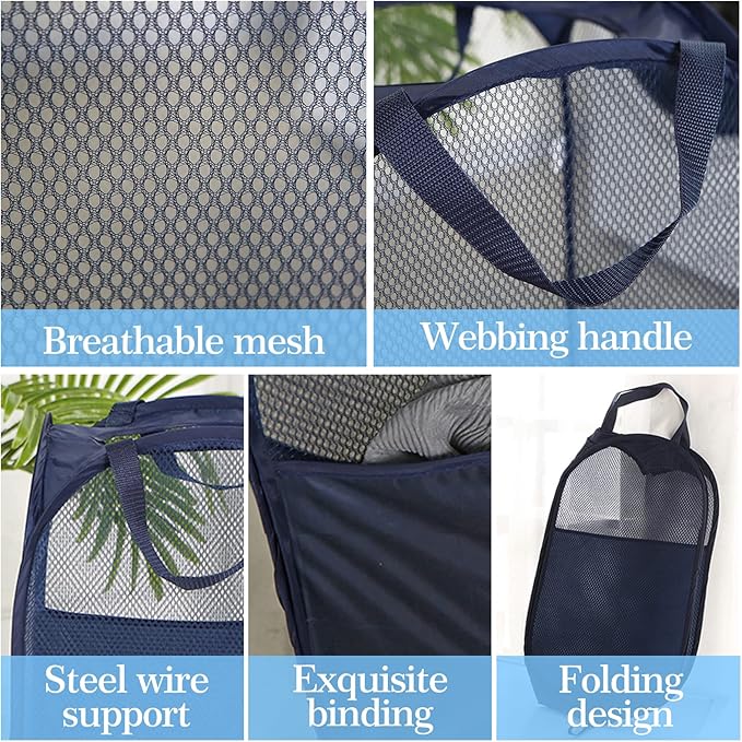 AQQA 6 Pcs Handy Laundry Collapsible Mesh Foldable Hampe (Black/White/Blue),Popup Laundry Basket with Durable Handles,Pop-up Mesh Hamper Dirty Clothes Basket for Kids Room, College Dorm or Travel