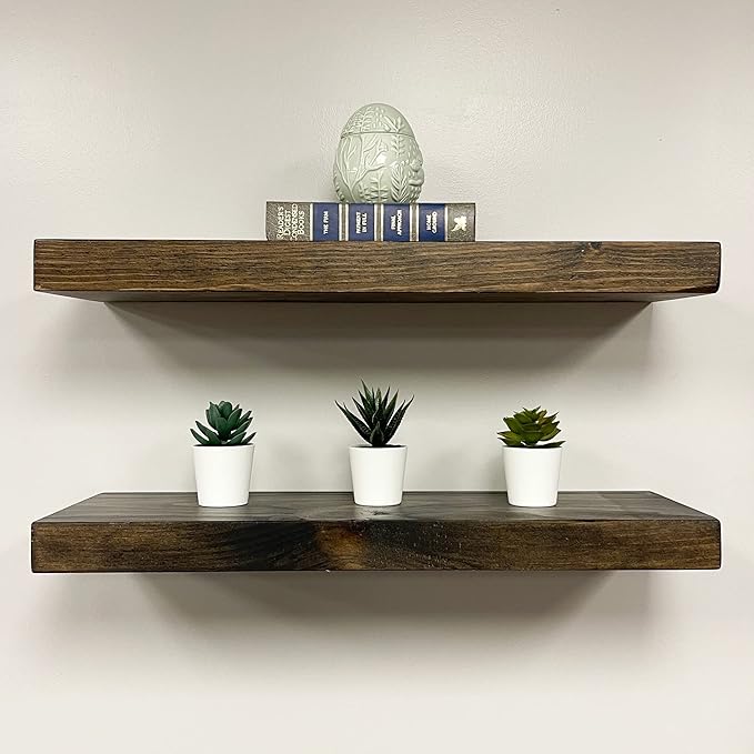 URBANDI, Rustic Floating Shelves, Set of 2, Hidden Bracket, Solid Wood, Heavy Duty, Wall Mounted Shelves, (Dark Brown, 36Wx8D)