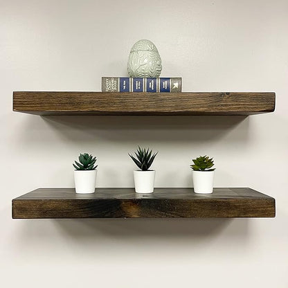 URBANDI, Rustic Floating Shelves, Set of 2, Hidden Bracket, Solid Wood, Heavy Duty, Wall Mounted Shelves, (Dark Brown, 48Wx6D)