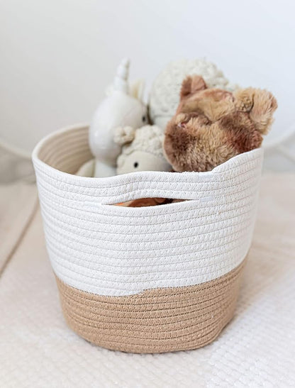 OrganiHaus Set of 3 Woven Storage Baskets for Organizing, Cotton Rope Organizer Bins for Shelves, Closet & Nursery, Dog Toy Basket, Decorative Bins for Toys, Towels & Books - 15x10x9, Honey/Off-White