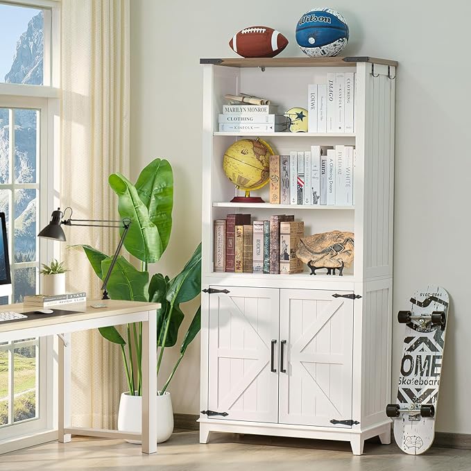 5 Tier Bookshelf 70in Tall Bookcase with Barn Doors and Storage Cabinet, White Farmhouse Book Shelf with Adjustable Shelves, Wood Freestanding Display Bookshelves for Bedroom, Kitchen (2PCS)