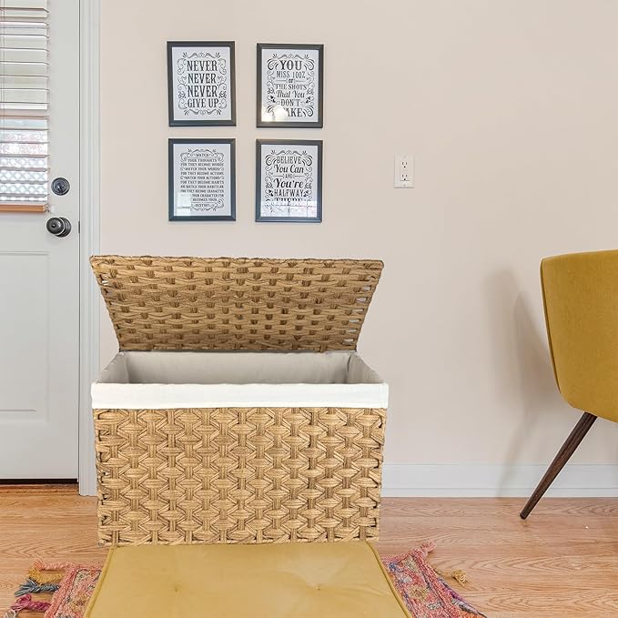 Wicker Storage Basket with Lid, 42.3 Gallon (160L) Large Blanket Basket with Lid, Woven Storage Bin with Handles, Removable Liner, Metal Frame, Foldable, for Bedroom, Laundry Room, Natural