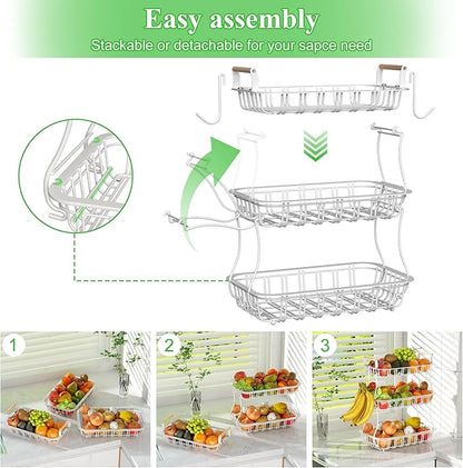 3 Tier Fruit Basket with 2 Banana Hooks, Large Capacity Multifunctional Detachable Sturdy Fruit Bowl with Wooden Handle Mesh Top for Kitchen Counter, for Bread Snacks Vegetables Produce, White