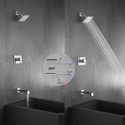 Shower Faucet Set, Tub Shower Faucet with 6-Inch Rainfall Shower Head and Tub Spout, Shower Tub Faucet Set Complete (Included Shower Valve), Tub Shower Trim Kit, Polished Chrome