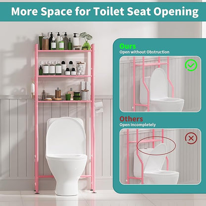 3-Tier Over The Toilet Storage with Paper Holder, Metal Bathroom Organizers and Storage for Small Space, Freestanding Bathroom Shelves with 4 Hooks, Above The Toilet Storage Shelf, Pink
