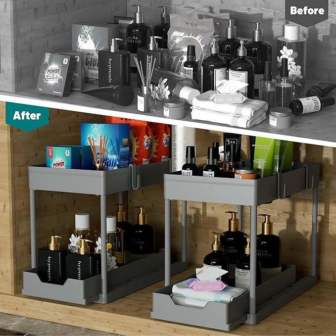 Under Sink Organizer 2 Pack，Bathroom Cabinet Organizer，2 Tier Sliding Cabinet Basket Organizer Drawer, Multi-Purpose Bath Collection Baskets for Bathroom (Grey)