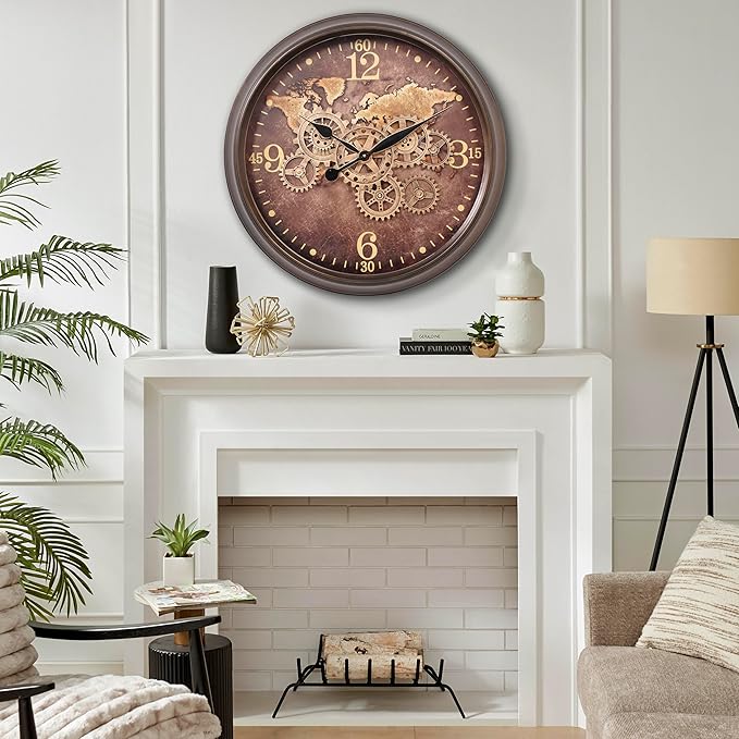 CLXEAST 24 Inch Large Wall Clock with Moving Gears, Industrial Clocks with World Map Dial, Oversized Cool Wall Clock for Living Room Decor,Oil Rubbed Bronze Brown
