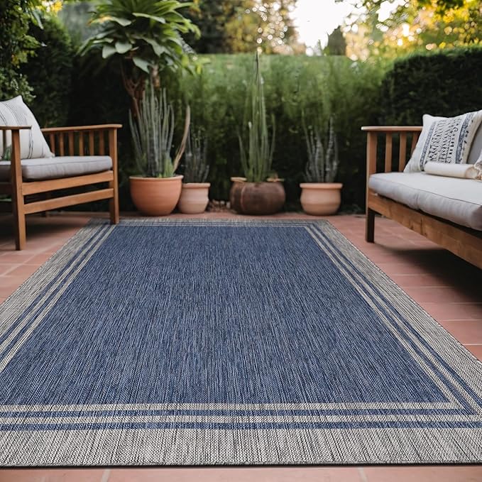 Bordered Outdoor Rug 9x12 Washable Outside Carpet for Indoor Patio Porch Waterproof Easy Cleaning Non Shedding Area Rugs Navy 9 x 12