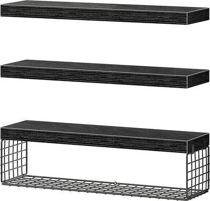 QEEIG Bathroom Shelves 24 inches Long - Floating Shelf for Wall Over Toilet Paper Storage Basket Farmhouse Set of 3, Black (019-60B3)