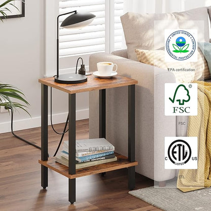 TUTOTAK End Table with Charging Station, Side Table with USB Ports and Outlets, Nightstand, 2-Tier Storage Shelf, Sofa Table for Small Space TB01BB040