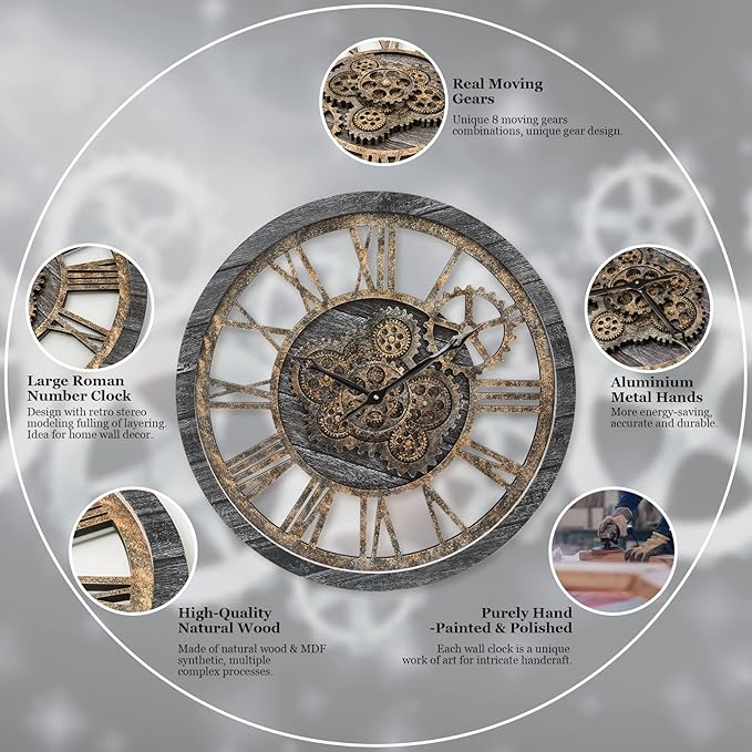 HOIBAI Wall Clock, Large Wall Clocks for Living Room Decor 18 Inch Battery Operated Silent Non-Ticking Modern Farmhouse Vintage Roman Big Wall Clock for Home Bedroom House Office, Moving Gears Clock